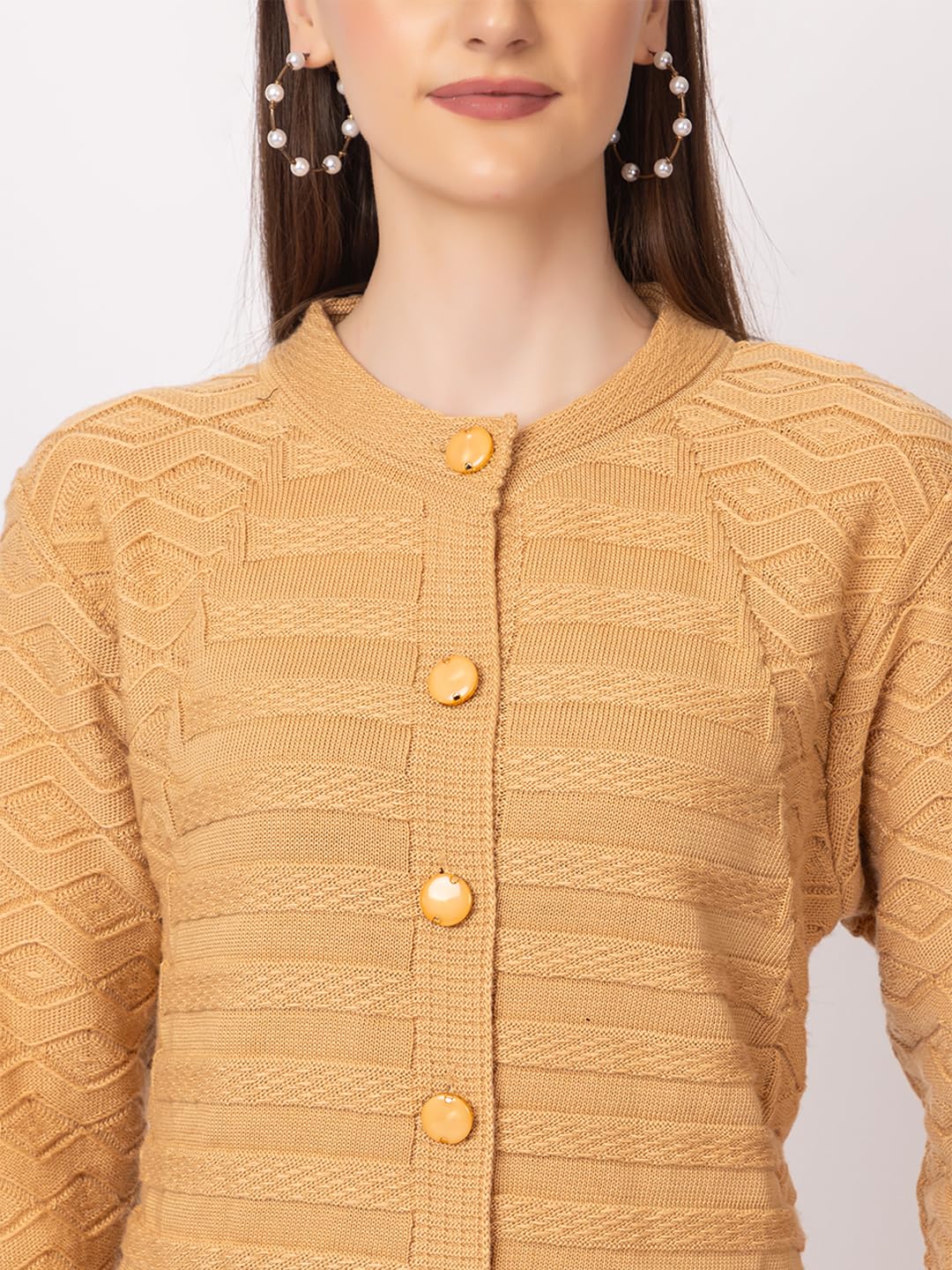 DADU DAYAL Women's Woolen Cardigan - Long Horizontal Lines Geometric Pattern Winter Coat, Warm & Stylish Knitwear