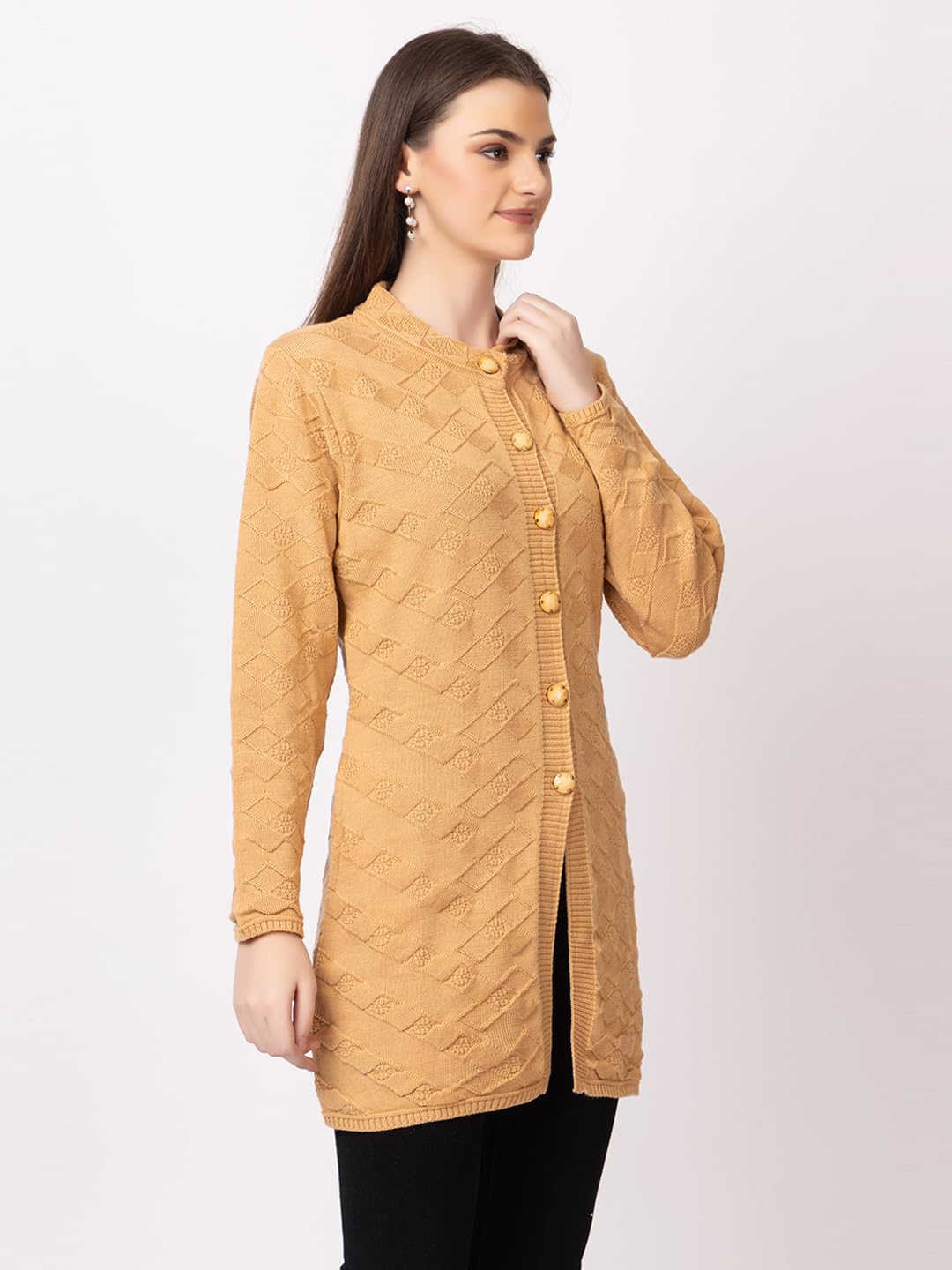DADU DAYAL Women's Woolen Long Cardigan - Boxes Pattern Winter Coat, Warm & Stylish Knitwear