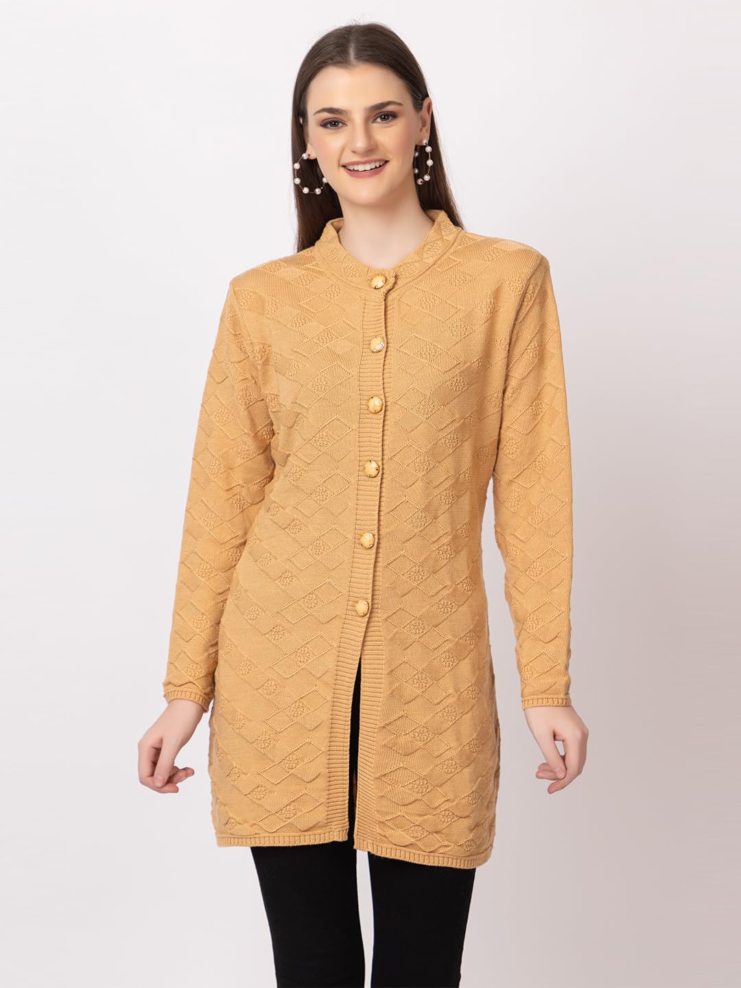 DADU DAYAL Women's Woolen Long Cardigan - Boxes Pattern Winter Coat, Warm & Stylish Knitwear
