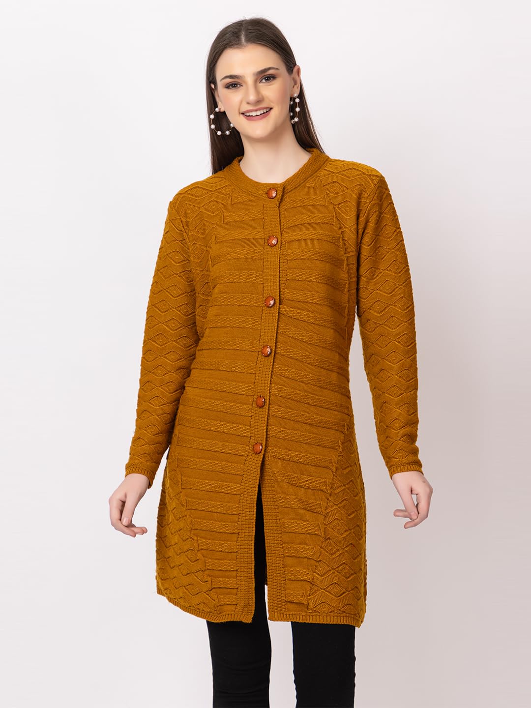 DADU DAYAL Women's Woolen Cardigan - Long Horizontal Lines Geometric Pattern Winter Coat, Warm & Stylish Knitwear
