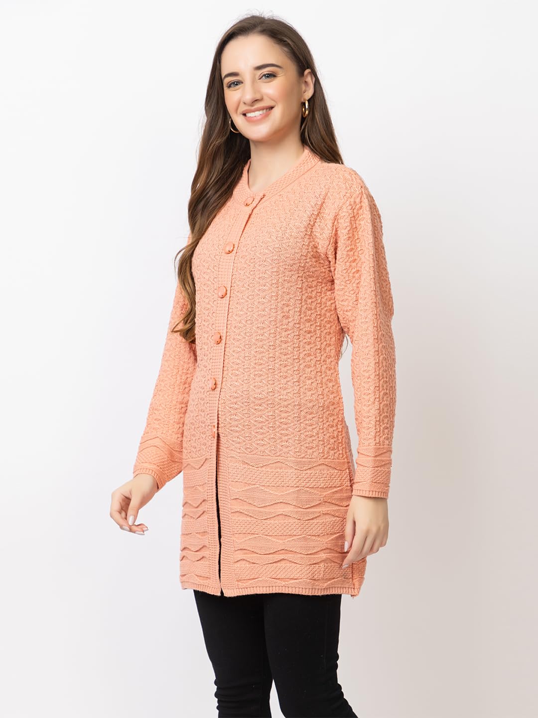 DADU DAYAL Women's Woolen Long Cardigan - Bottom Geometric Pattern Winter Coat, Warm & Stylish Knitwear