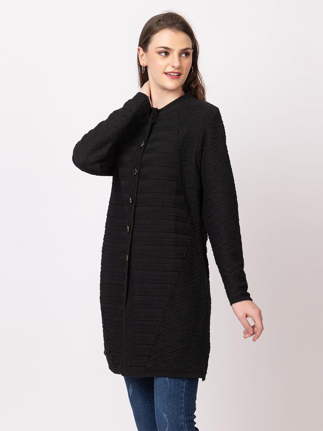 DADU DAYAL Women's Woolen Cardigan - Long Horizontal Lines Geometric Pattern Winter Coat, Warm & Stylish Knitwear
