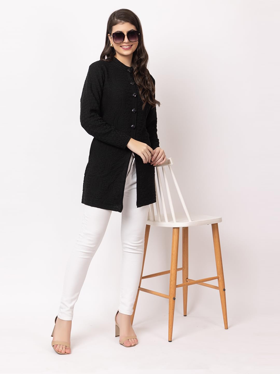 DADU DAYAL Women's Woolen Long Cardigan - Waves Pattern Winter Coat, Warm & Stylish Knitwear
