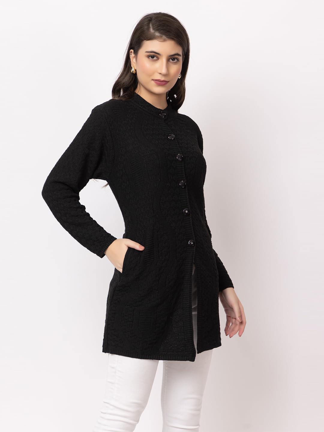 DADU DAYAL Women's Woolen Long Cardigan - Waves Pattern Winter Coat, Warm & Stylish Knitwear