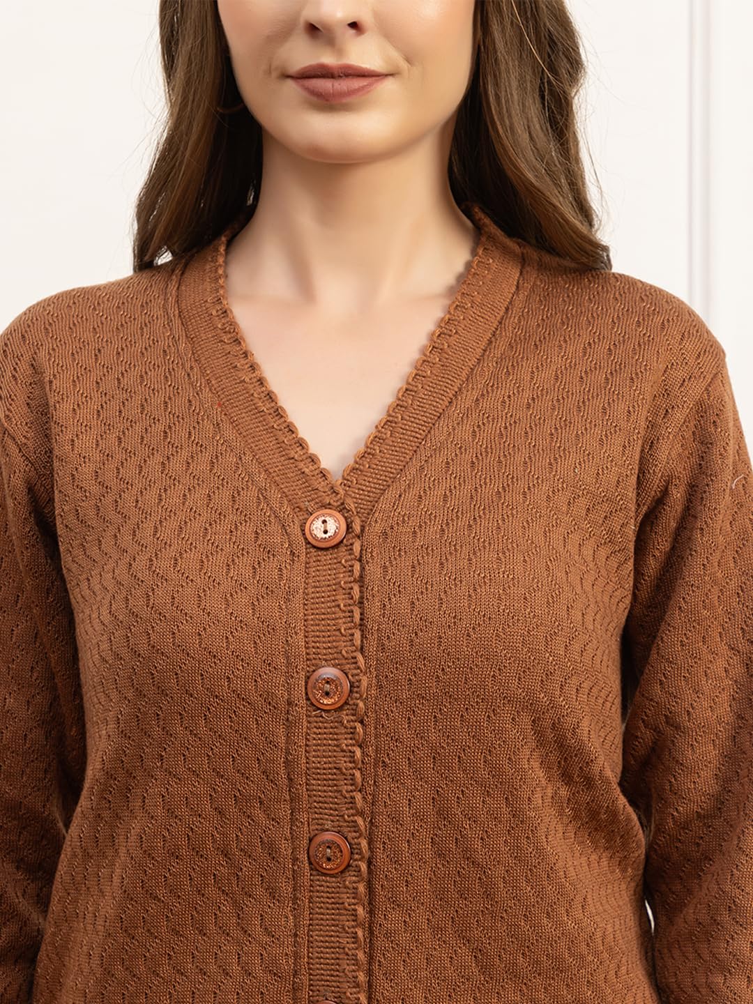 Dadu Dayal Women’s Acrylic Wool V-Neck Cardigan | Lightweight Scallop Border Buttoned Sweater | Winterwear for Women for Office, Travel, Casual Outfits | Stylish Slim Fit