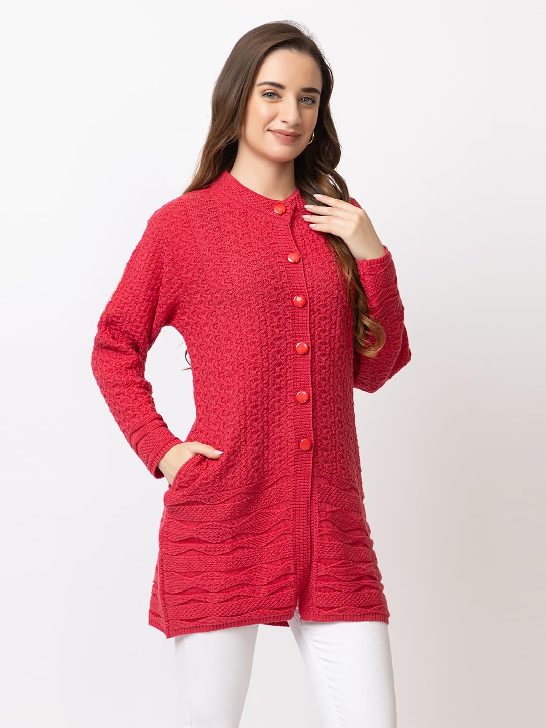 DADU DAYAL Women's Woolen Long Cardigan - Bottom Geometric Pattern Winter Coat, Warm & Stylish Knitwear