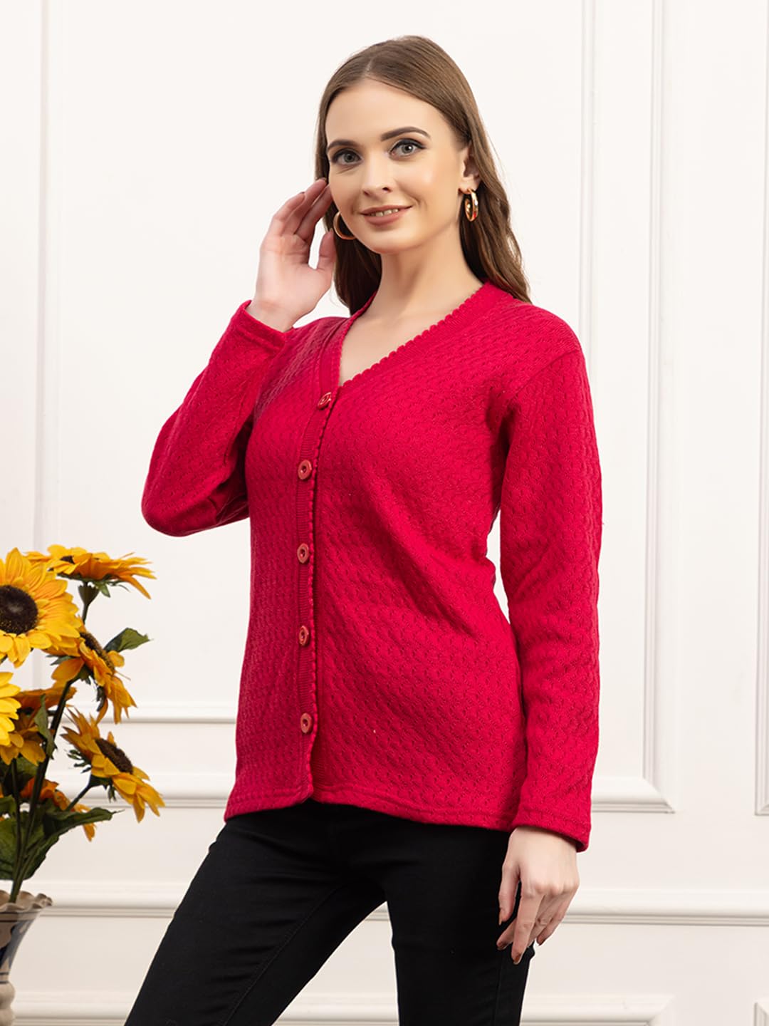 Dadu Dayal Women’s Acrylic Wool V-Neck Cardigan | Lightweight Scallop Border Buttoned Sweater | Winterwear for Women for Office, Travel, Casual Outfits | Stylish Slim Fit