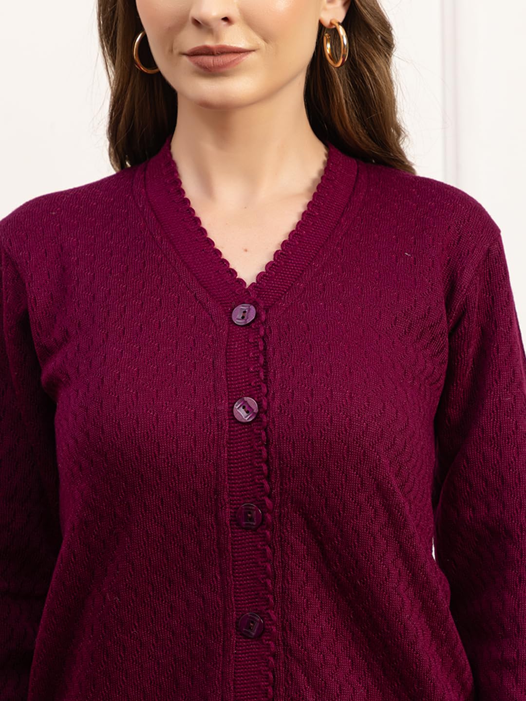 Dadu Dayal Women’s Acrylic Wool V-Neck Cardigan | Lightweight Scallop Border Buttoned Sweater | Winterwear for Women for Office, Travel, Casual Outfits | Stylish Slim Fit