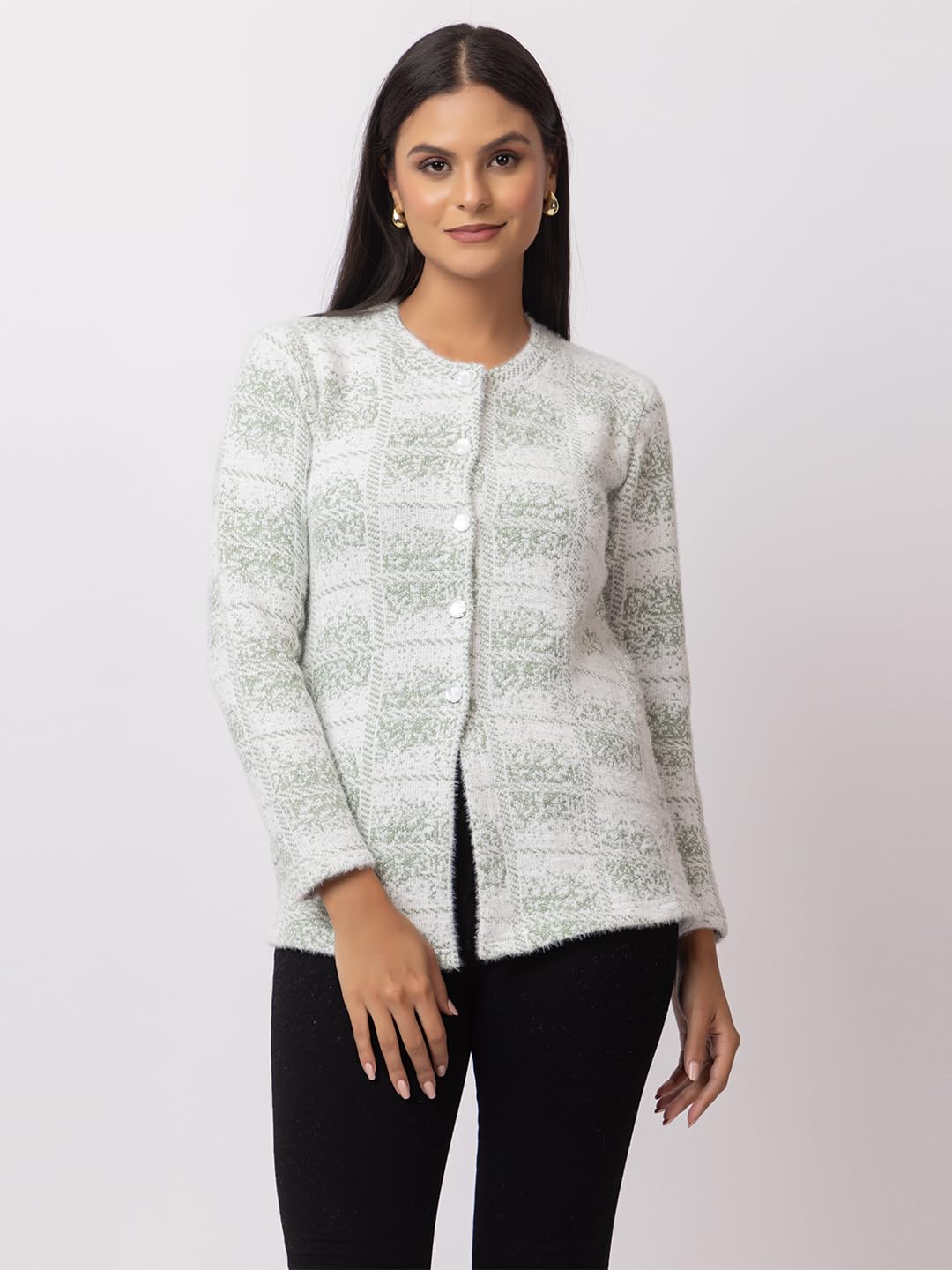 Dadu Dayal Checkered Women's Premium Woolen Cardigan - Stylish Winter Sweater, Full Sleeve, Soft & Warm Knitwear with Elegant Design for Comfort & Style Green