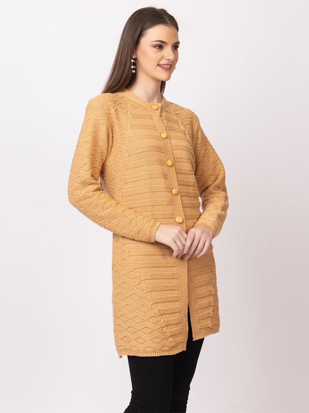 DADU DAYAL Women's Woolen Cardigan - Long Horizontal Lines Geometric Pattern Winter Coat, Warm & Stylish Knitwear