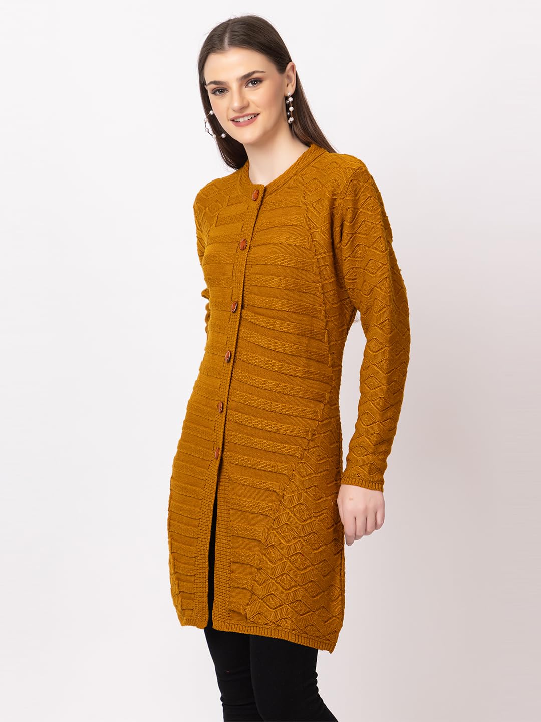 DADU DAYAL Women's Woolen Cardigan - Long Horizontal Lines Geometric Pattern Winter Coat, Warm & Stylish Knitwear