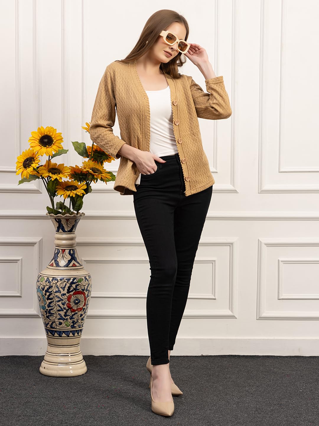 Dadu Dayal Women’s Acrylic Wool V-Neck Cardigan | Lightweight Scallop Border Buttoned Sweater | Winterwear for Women for Office, Travel, Casual Outfits | Stylish Slim Fit