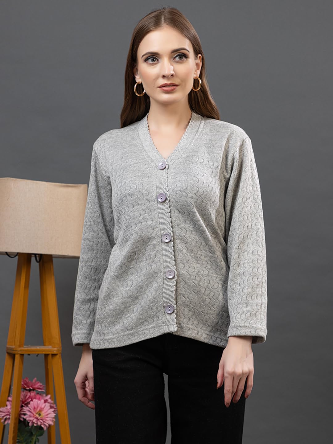 Dadu Dayal Women’s Acrylic Wool V-Neck Cardigan | Lightweight Scallop Border Buttoned Sweater | Winterwear for Women for Office, Travel, Casual Outfits | Stylish Slim Fit