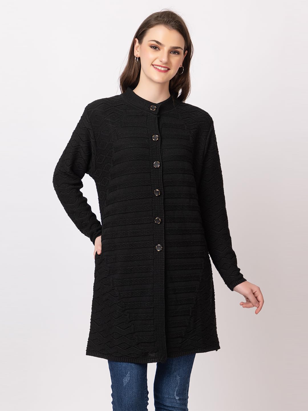 DADU DAYAL Women's Woolen Cardigan - Long Horizontal Lines Geometric Pattern Winter Coat, Warm & Stylish Knitwear