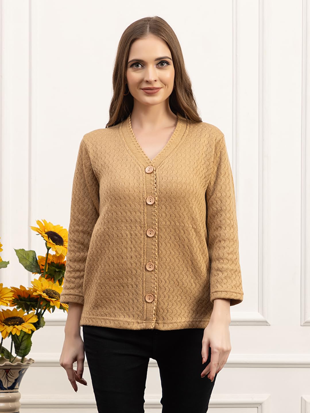 Dadu Dayal Women’s Acrylic Wool V-Neck Cardigan | Lightweight Scallop Border Buttoned Sweater | Winterwear for Women for Office, Travel, Casual Outfits | Stylish Slim Fit