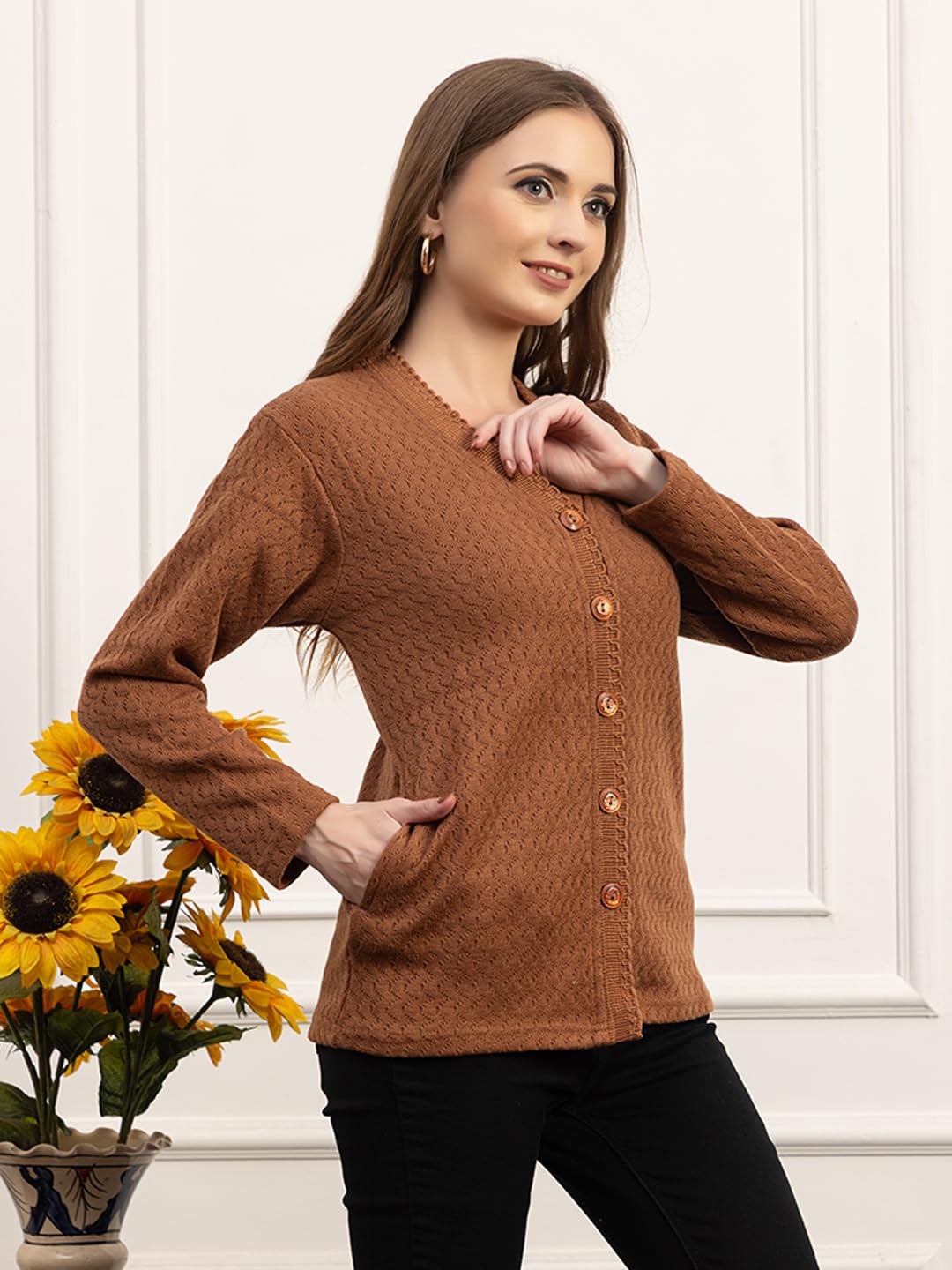 Dadu Dayal Women’s Acrylic Wool V-Neck Cardigan | Lightweight Scallop Border Buttoned Sweater | Winterwear for Women for Office, Travel, Casual Outfits | Stylish Slim Fit