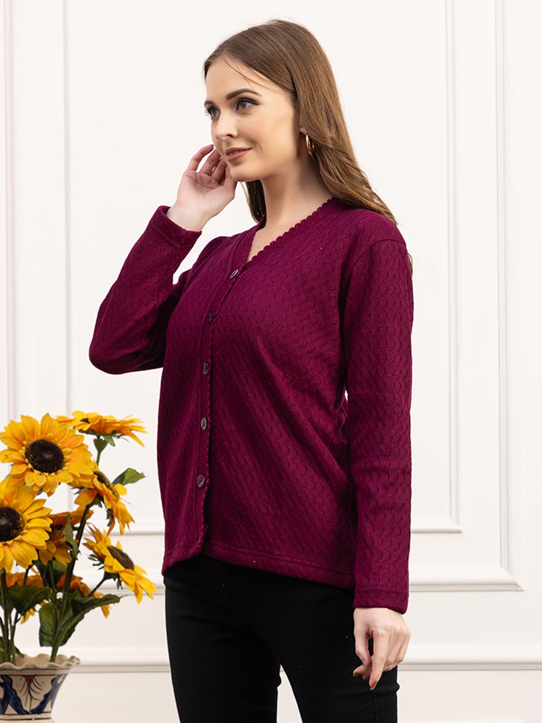 Dadu Dayal Women’s Acrylic Wool V-Neck Cardigan | Lightweight Scallop Border Buttoned Sweater | Winterwear for Women for Office, Travel, Casual Outfits | Stylish Slim Fit