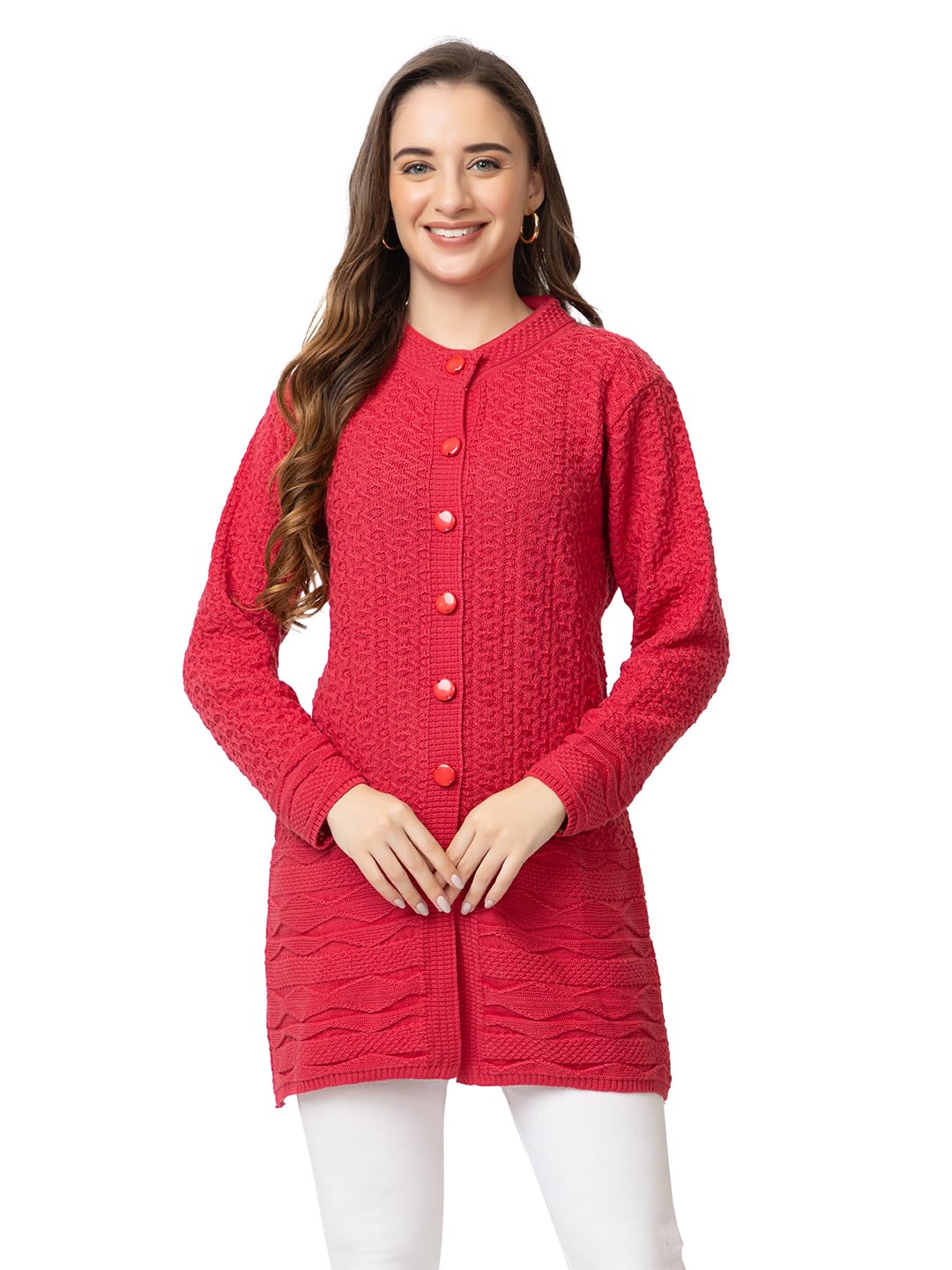 DADU DAYAL Women's Woolen Long Cardigan - Bottom Geometric Pattern Winter Coat, Warm & Stylish Knitwear