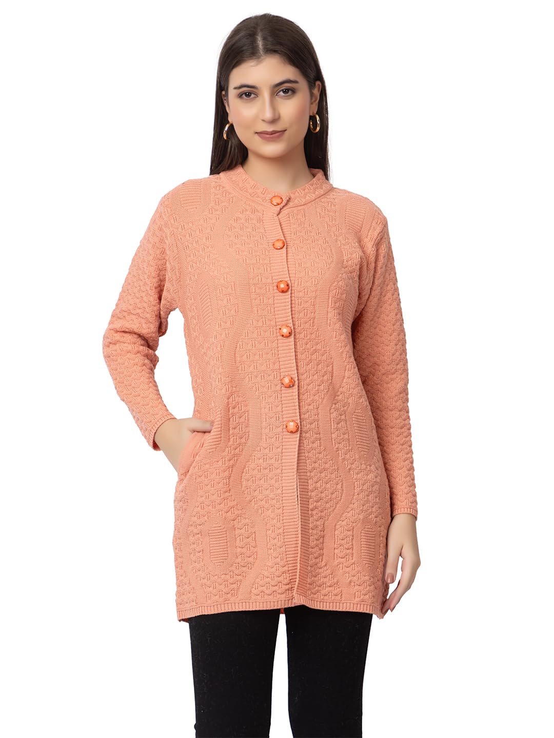 DADU DAYAL Women's Woolen Long Cardigan - Waves Pattern Winter Coat, Warm & Stylish Knitwear