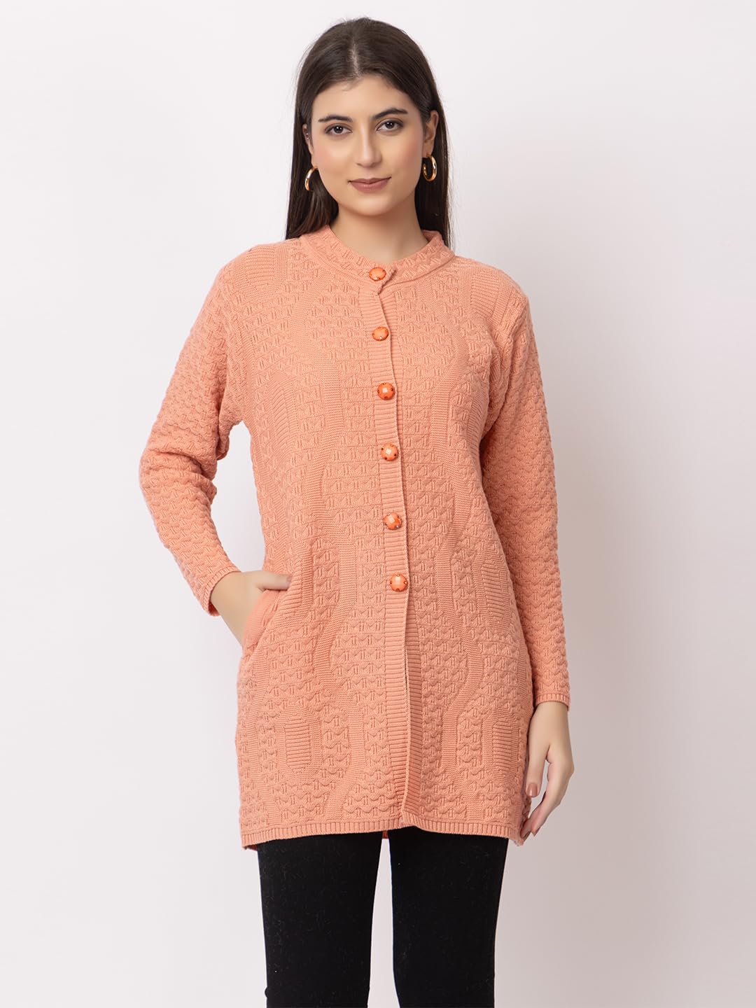 DADU DAYAL Women's Woolen Long Cardigan - Waves Pattern Winter Coat, Warm & Stylish Knitwear
