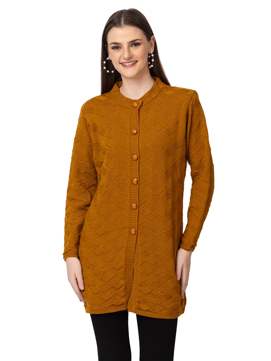DADU DAYAL Women's Woolen Long Cardigan - Boxes Pattern Winter Coat, Warm & Stylish Knitwear