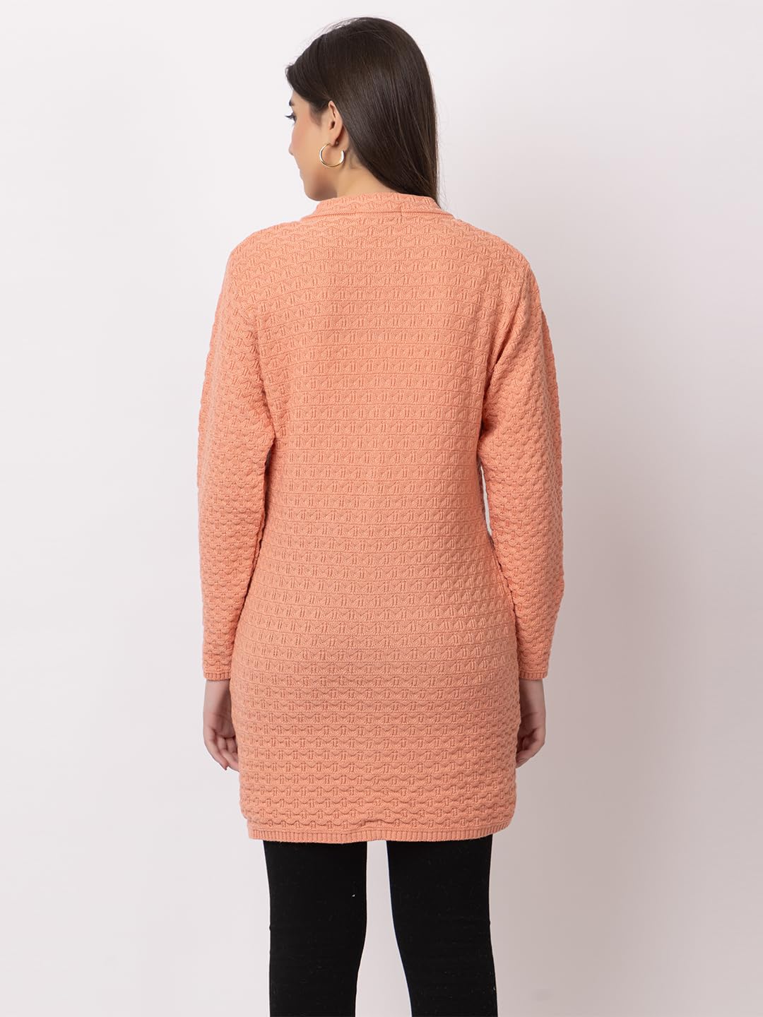 DADU DAYAL Women's Woolen Long Cardigan - Waves Pattern Winter Coat, Warm & Stylish Knitwear