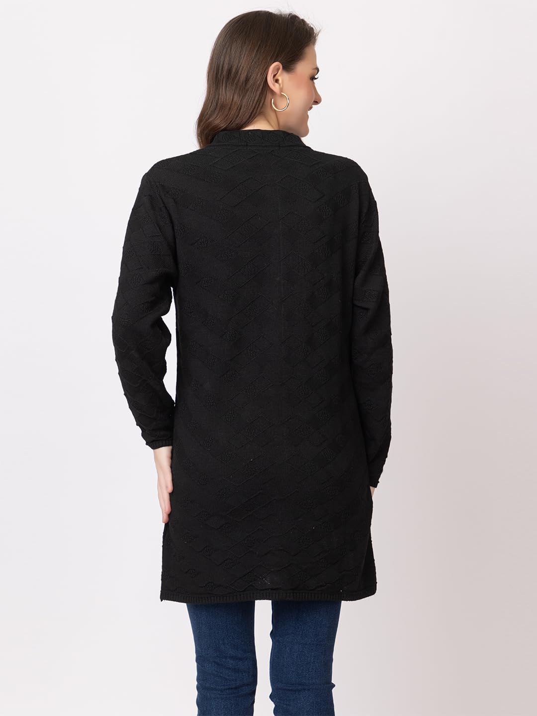 DADU DAYAL Women's Woolen Long Cardigan - Boxes Pattern Winter Coat, Warm & Stylish Knitwear