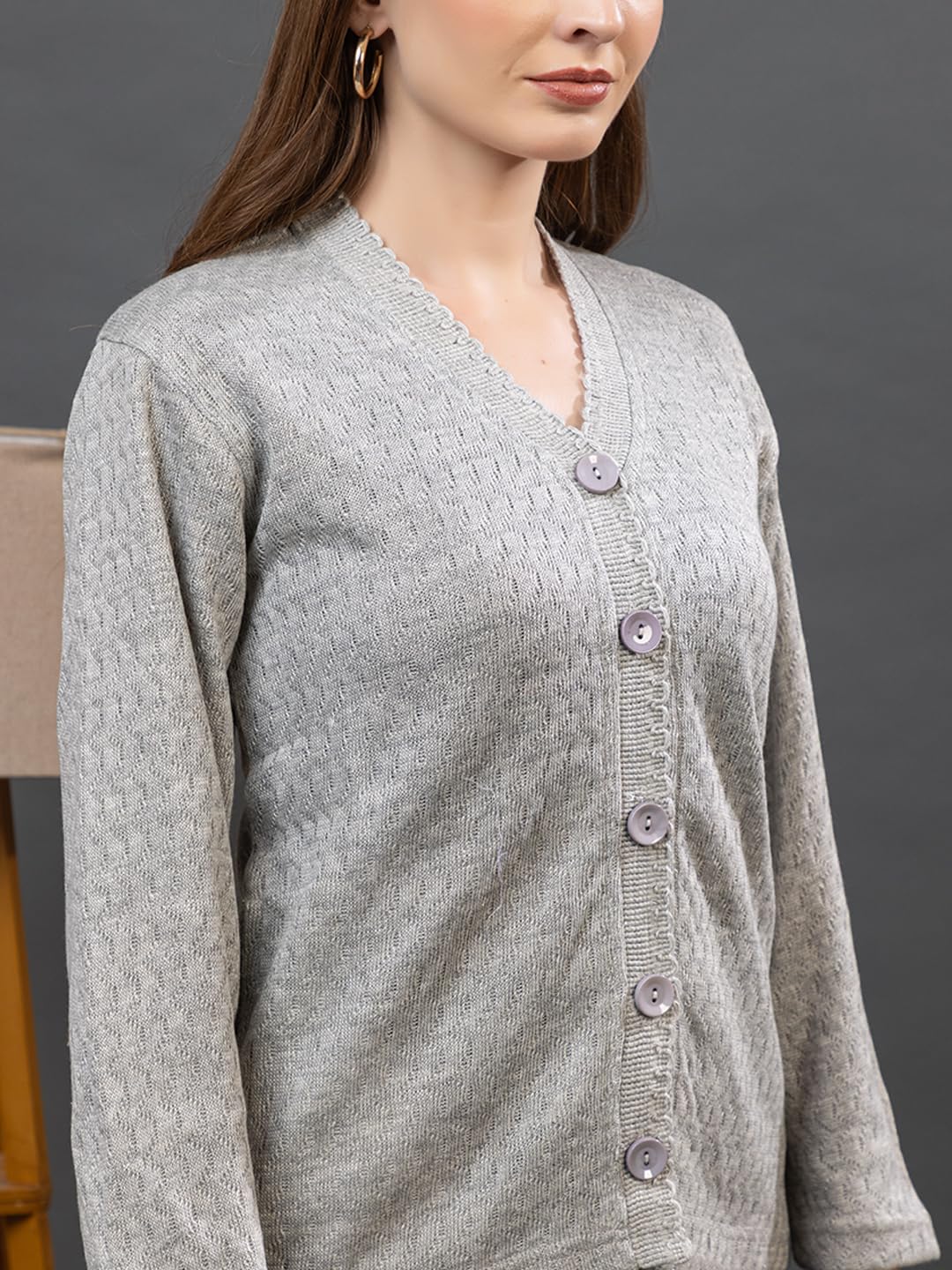 Dadu Dayal Women’s Acrylic Wool V-Neck Cardigan | Lightweight Scallop Border Buttoned Sweater | Winterwear for Women for Office, Travel, Casual Outfits | Stylish Slim Fit