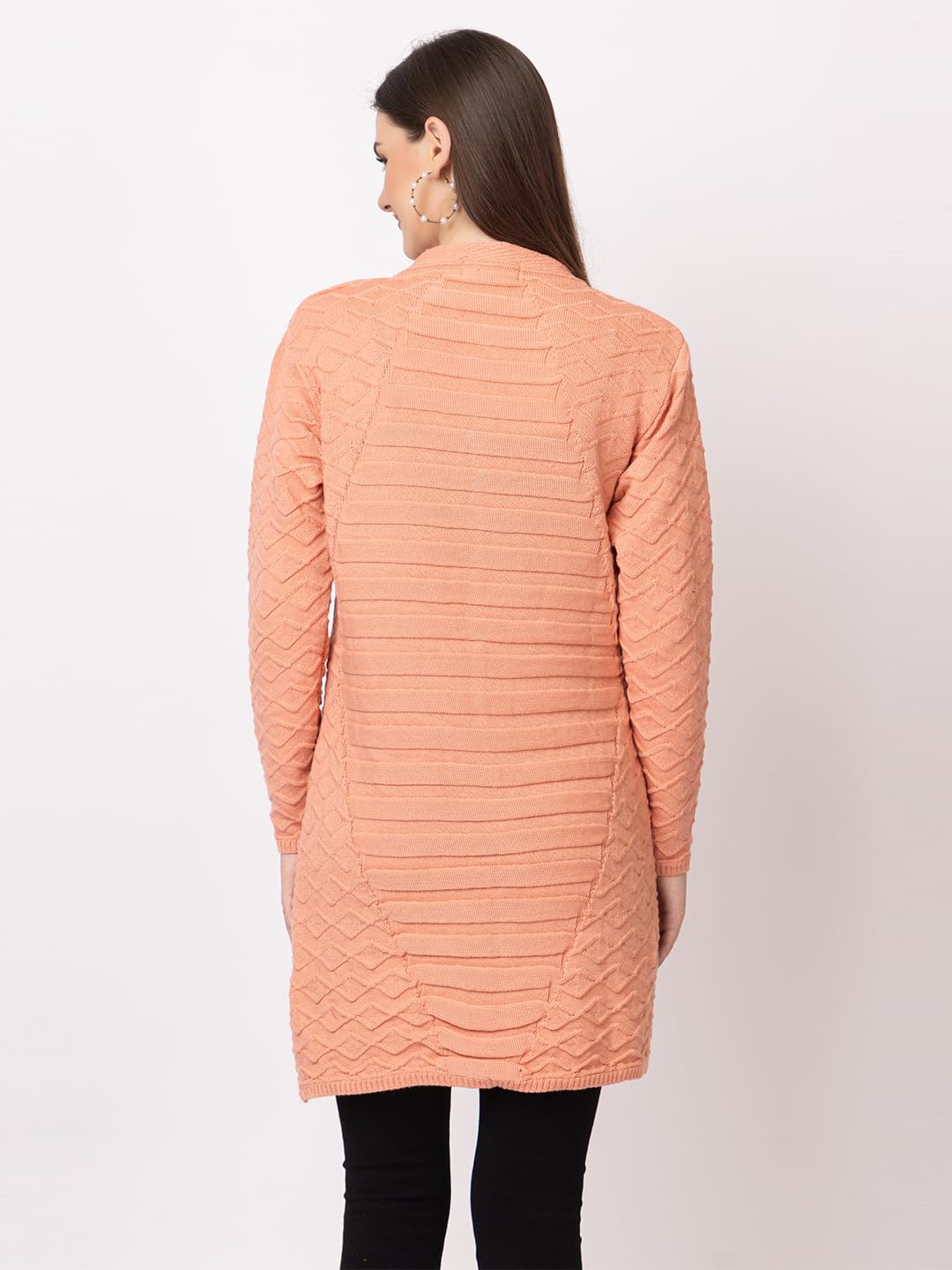 DADU DAYAL Women's Woolen Cardigan - Long Horizontal Lines Geometric Pattern Winter Coat, Warm & Stylish Knitwear