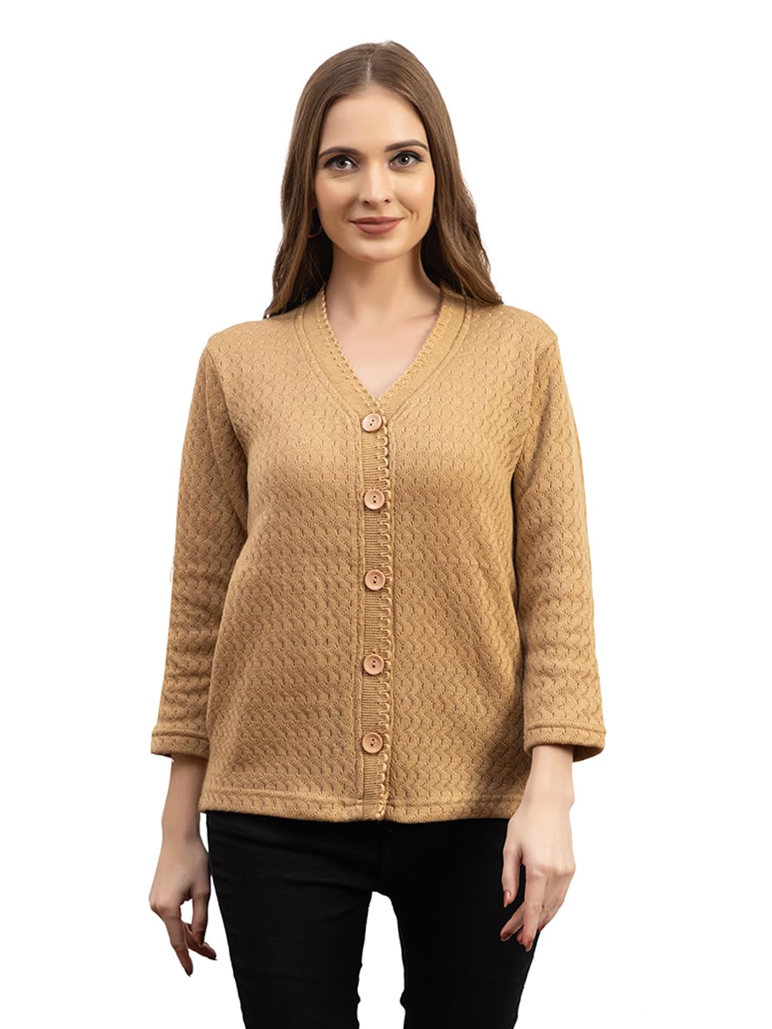Dadu Dayal Women’s Acrylic Wool V-Neck Cardigan | Lightweight Scallop Border Buttoned Sweater | Winterwear for Women for Office, Travel, Casual Outfits | Stylish Slim Fit