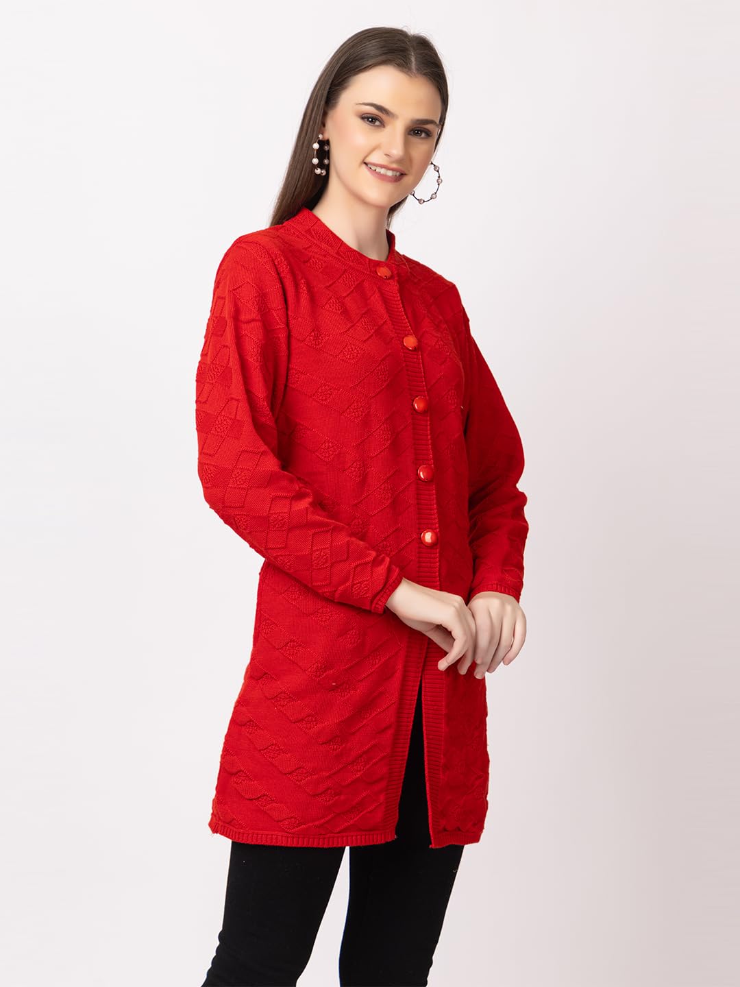 DADU DAYAL Women's Woolen Long Cardigan - Boxes Pattern Winter Coat, Warm & Stylish Knitwear