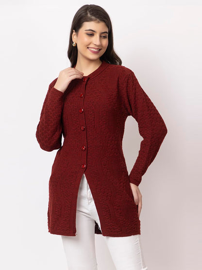 DADU DAYAL Women's Woolen Long Cardigan - Waves Pattern Winter Coat, Warm & Stylish Knitwear