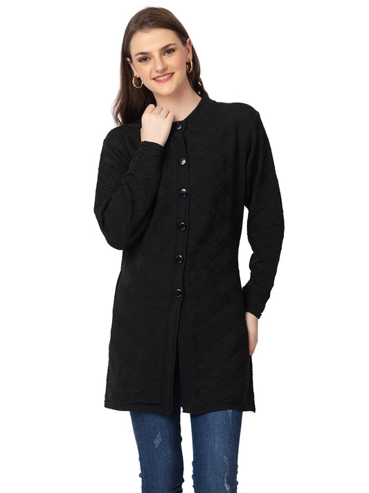 DADU DAYAL Women's Woolen Long Cardigan - Boxes Pattern Winter Coat, Warm & Stylish Knitwear