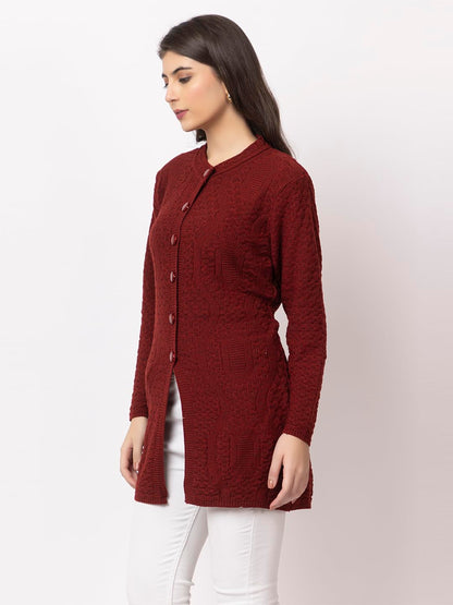 DADU DAYAL Women's Woolen Long Cardigan - Waves Pattern Winter Coat, Warm & Stylish Knitwear