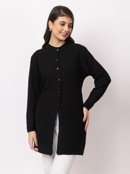 DADU DAYAL Women's Woolen Long Cardigan - Waves Pattern Winter Coat, Warm & Stylish Knitwear