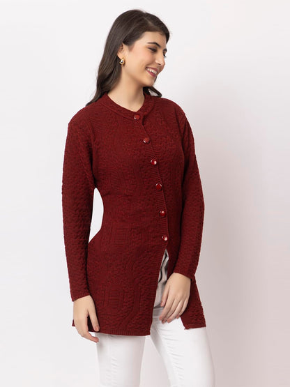 DADU DAYAL Women's Woolen Long Cardigan - Waves Pattern Winter Coat, Warm & Stylish Knitwear