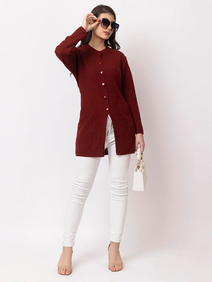 DADU DAYAL Women's Woolen Long Cardigan - Waves Pattern Winter Coat, Warm & Stylish Knitwear