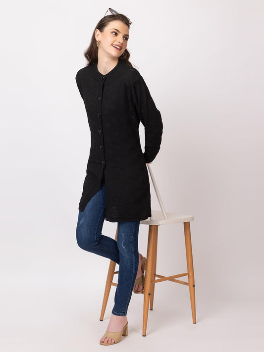 DADU DAYAL Women's Woolen Long Cardigan - Boxes Pattern Winter Coat, Warm & Stylish Knitwear