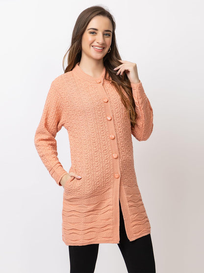 DADU DAYAL Women's Woolen Long Cardigan - Bottom Geometric Pattern Winter Coat, Warm & Stylish Knitwear
