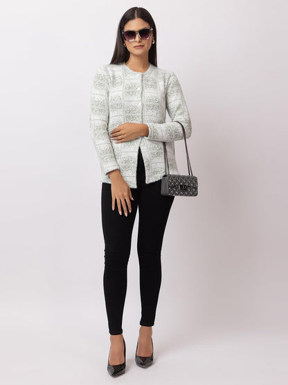 Dadu Dayal Checkered Women's Premium Woolen Cardigan - Stylish Winter Sweater, Full Sleeve, Soft & Warm Knitwear with Elegant Design for Comfort & Style Green