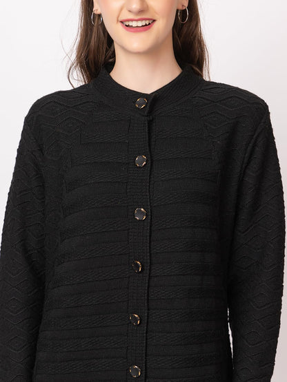 DADU DAYAL Women's Woolen Cardigan - Long Horizontal Lines Geometric Pattern Winter Coat, Warm & Stylish Knitwear