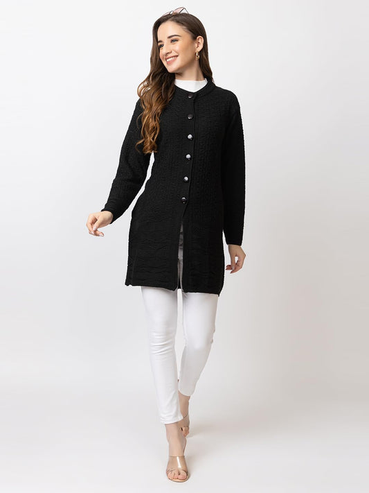 DADU DAYAL Women's Woolen Long Cardigan - Bottom Geometric Pattern Winter Coat, Warm & Stylish Knitwear