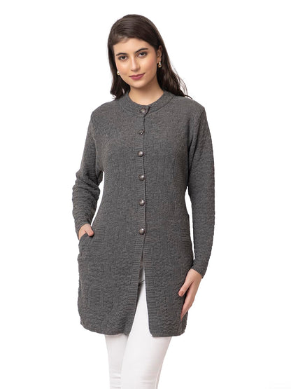 DADU DAYAL Women's Woolen Long Cardigan - Waves Pattern Winter Coat, Warm & Stylish Knitwear
