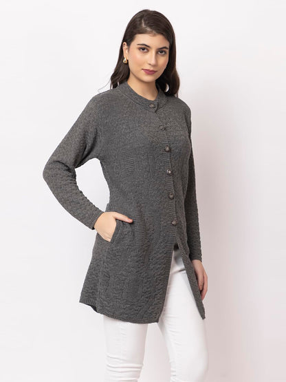 DADU DAYAL Women's Woolen Long Cardigan - Waves Pattern Winter Coat, Warm & Stylish Knitwear