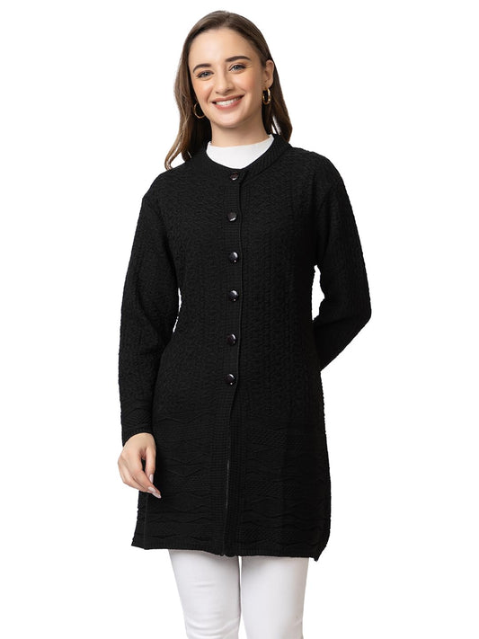 DADU DAYAL Women's Woolen Long Cardigan - Bottom Geometric Pattern Winter Coat, Warm & Stylish Knitwear