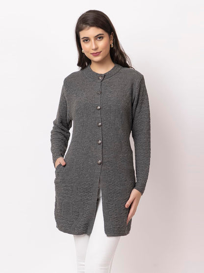 DADU DAYAL Women's Woolen Long Cardigan - Waves Pattern Winter Coat, Warm & Stylish Knitwear
