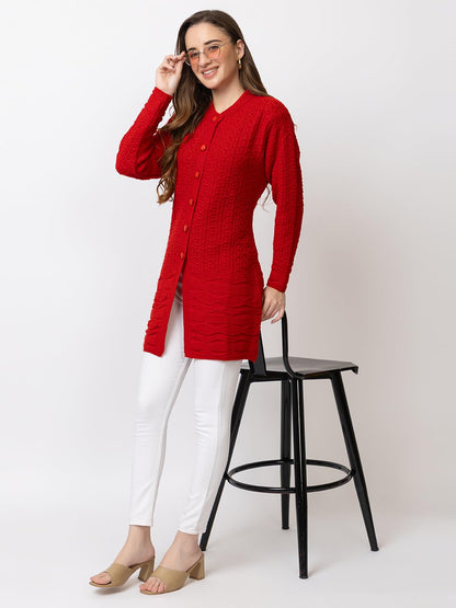 DADU DAYAL Women's Woolen Long Cardigan - Bottom Geometric Pattern Winter Coat, Warm & Stylish Knitwear
