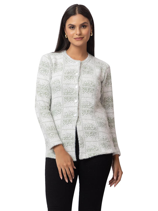 Dadu Dayal Checkered Women's Premium Woolen Cardigan - Stylish Winter Sweater, Full Sleeve, Soft & Warm Knitwear with Elegant Design for Comfort & Style Green
