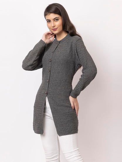 DADU DAYAL Women's Woolen Long Cardigan - Waves Pattern Winter Coat, Warm & Stylish Knitwear