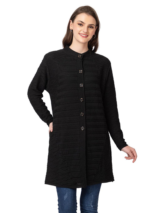 DADU DAYAL Women's Woolen Cardigan - Long Horizontal Lines Geometric Pattern Winter Coat, Warm & Stylish Knitwear